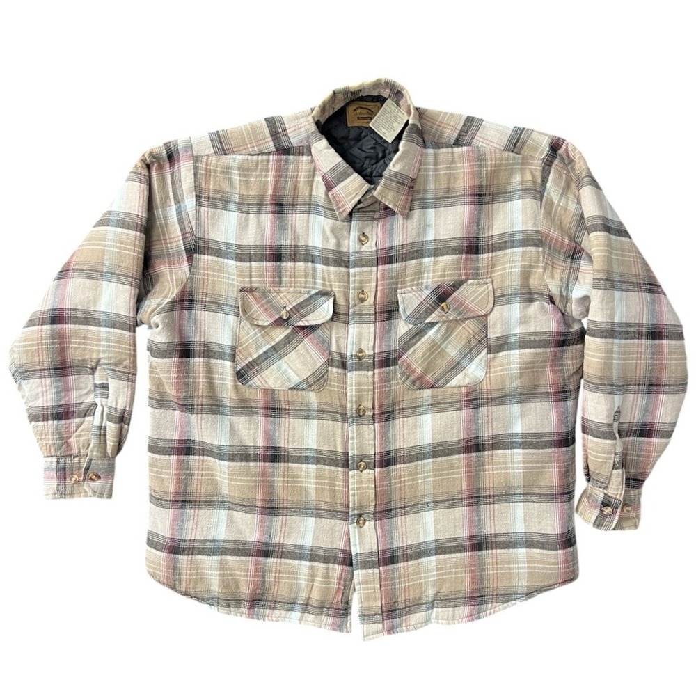 Vintage St Johns Bay Heavyweight Flannel Shirt Jacket Mens XL Tan Plaid Lined
